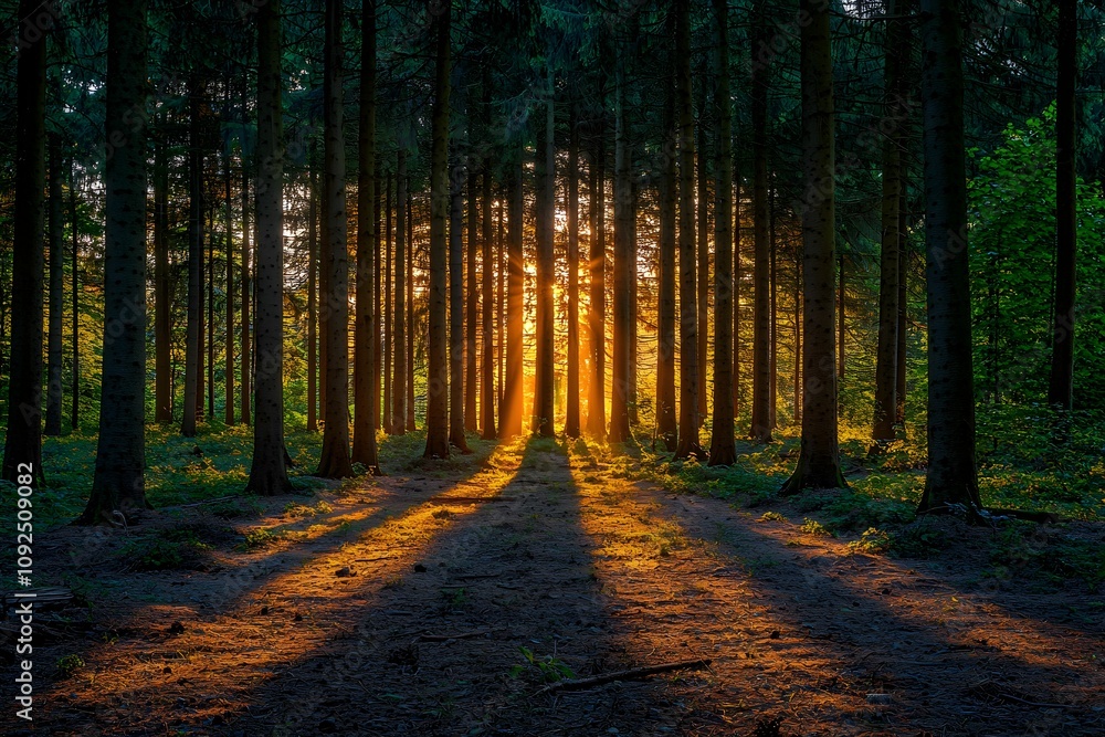 Poster sunlight filtering through trees in a tranquil forest at dusk