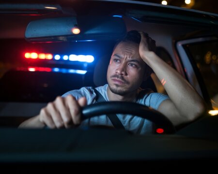 Driver Pulled Over by Police at Night with Flashing Lights in Rearview Mirror