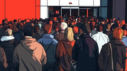 A dense crowd of people, shoulder to shoulder, eagerly awaiting store entry in a chaotic queue, vector style