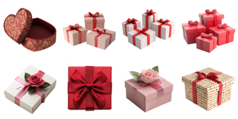Gift present png die cut set collection in 3d transparent no background in Valentine concept.