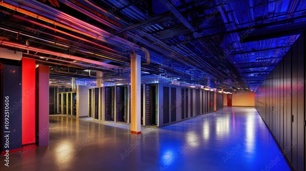 Poster illuminated server room with modern technology infrastructure