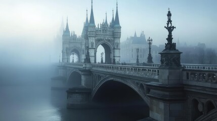 Fototapeta premium A grand gothic-style bridge with ornate towers, spanning a foggy river