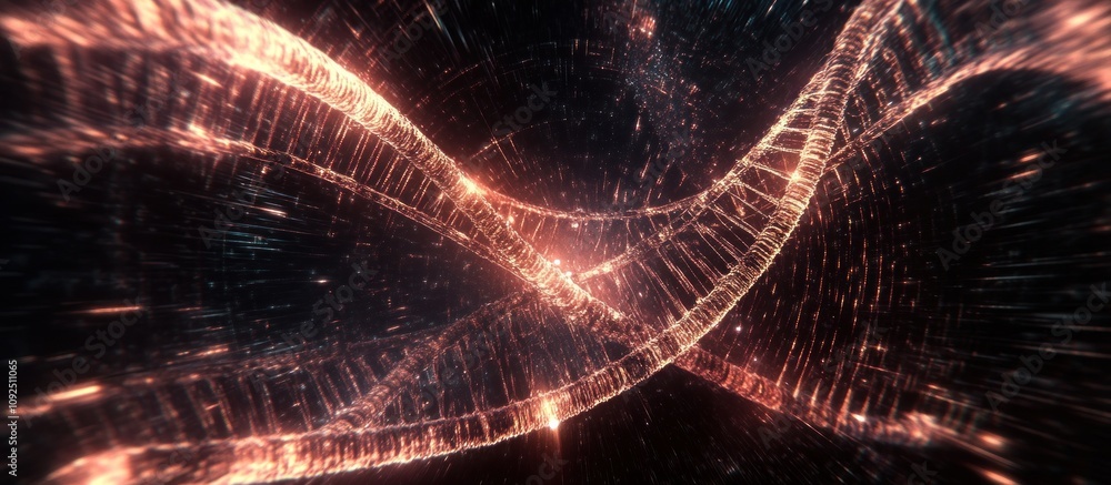 Poster glowing dna strands twist in dark space, creating a dynamic and abstract image.