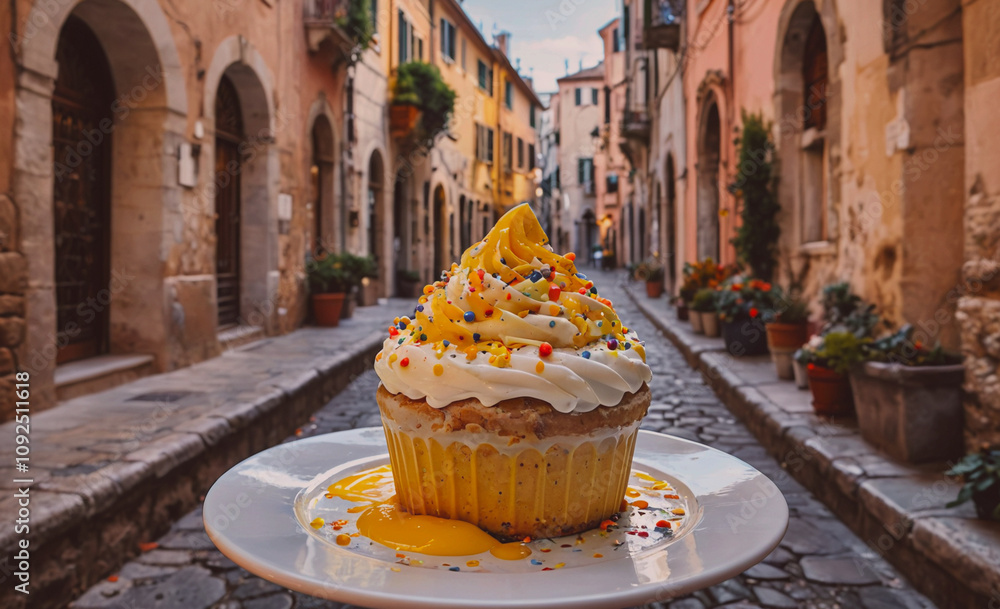 Poster cupcake with sprinkles on top is on a plate. the plate is on a table