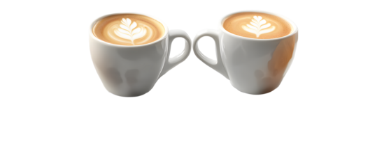 Set of two white cups of coffee with croissants. Coffee white mug on a plate. Coffee beans. Coffee design element for cafe, restaurant and breakfast. Isolated on a transparent background.