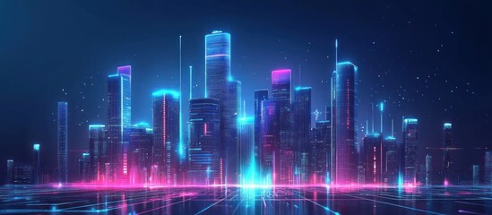 Fototapeta premium Futuristic cityscape at night with neon lights reflecting on a glowing surface.