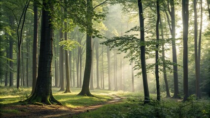 Obraz premium A collection of vintage books and parchments oA serene and peaceful forest landscape with tall trees and dappled light filtering through the leaves, soft focus, foliage, woodland scenery, tall trees,