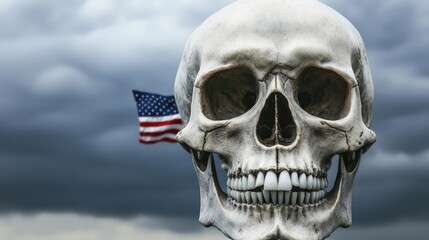 Fototapeta premium A skull with an American flag, dramatic cloudy background, symbolizes freedom and mortality.