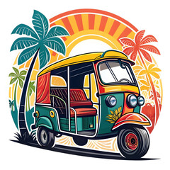 Cartoon Indian Auto Rickshaw Design for Tourism Symbol T-Shirts and Custom Merchandise Printing