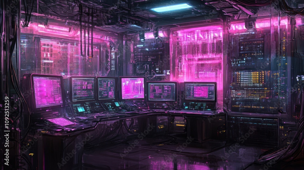Poster futuristic cyberpunk control room with multiple monitors