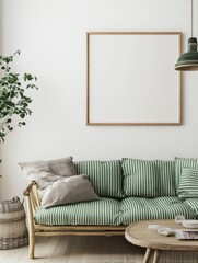 Minimalist Living Room with Green Striped Sofa and Frame