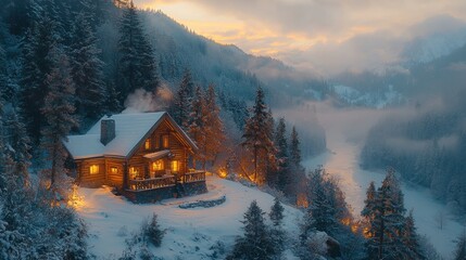 Cozy Winter Cabin in Snowy Mountains Scenic Landscape