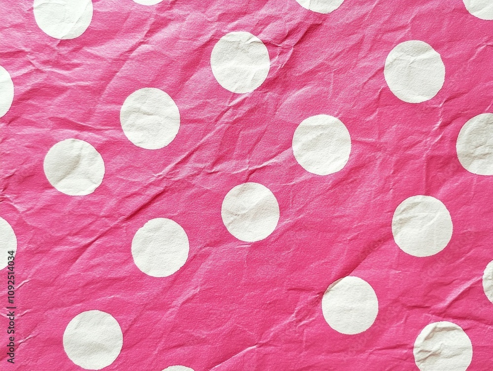 Poster a wrinkled pink background with white polka dots, creating a playful and vibrant pattern.