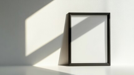 Empty black frame casting a shadow on a white surface
