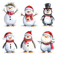 Cheerful collection of snowman and penguin characters suited for festive winter themes and holiday decorations.