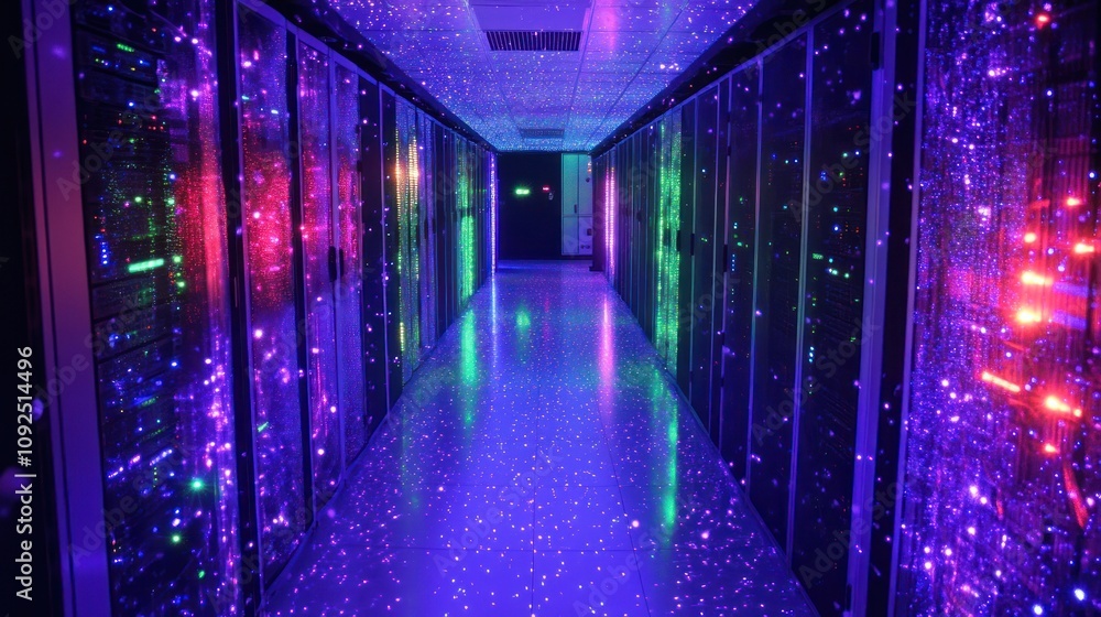 Poster illuminated server room corridor with colorful lights