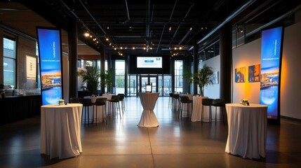 Event space with banners and presentation setup