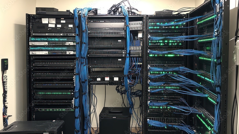 Poster network server room showing extensive cabling and equipment