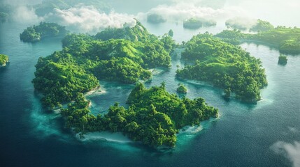 Lush green islands surrounded by sparkling blue waters, showcasing a vibrant ecosystem, symbolizing sustainable development and environmental conservation.