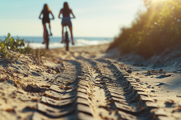 Two cyclists riding on a sandy beach trail during sunset.