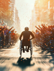 A wheelchair athlete races through a cheering crowd in a vibrant urban setting.