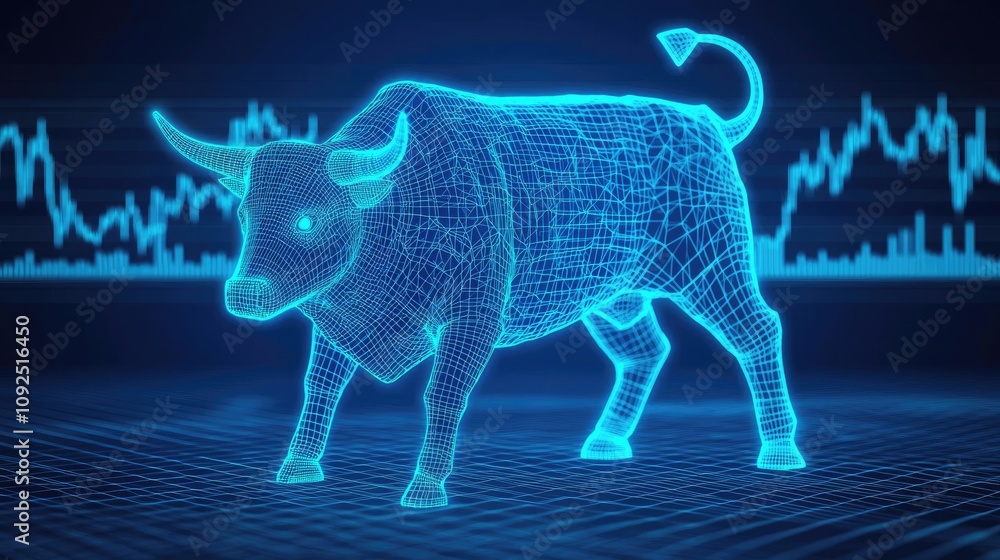 Poster 3d holographic bull representation with financial graphs in the background.