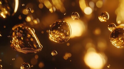 Golden oil droplets gracefully suspended in clear water, illuminated with soft, shimmering light, creating an abstract and captivating visual effect.