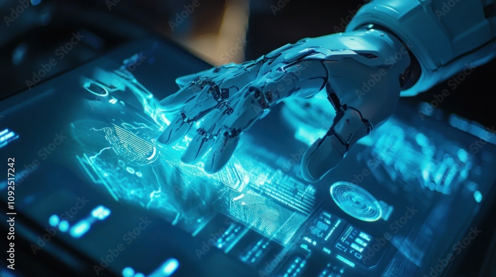 Poster here's a caption and keywords for your image.. robotic hand interacts with futuristic digital interf
