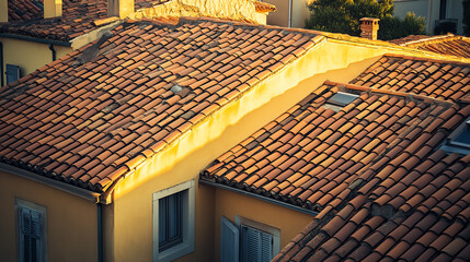 Terracotta roof tiles on Mediterranean-style home - Sunlight on warm tones, traditional yet timeless