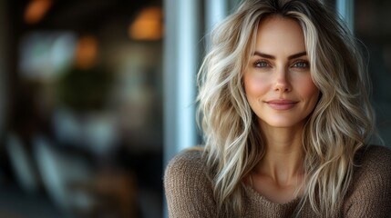 Obraz premium minimalistic portrait of beautiful blonde caucasian woman in beige sweater at home, copy space