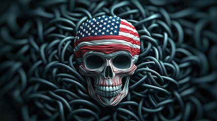 Skull adorned with American flag, surrounded by dark chains on neutral backdrop.