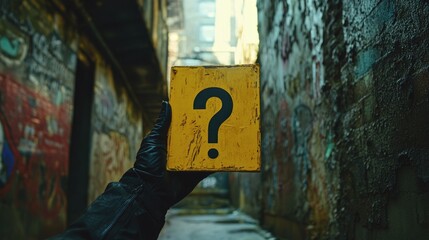 A gloved hand presenting a weathered yellow square sign with a black question mark in a gritty, graffiti-covered alleyway symbolizing curiosity and decision-making.