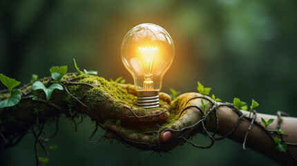 Eco-Innovation: Hands Of Vines Holding A Glowing Light Bulb