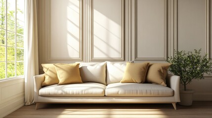 Fototapeta premium Elegant living room showcasing a paneled wall, stylish cream sofa with golden cushions, and a bright window allowing natural light in, complemented by greenery.