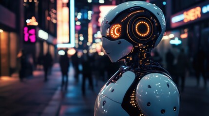 Fototapeta premium Futuristic humanoid robot with glowing lights stands in a neon-lit cyber city at night, capturing the essence of technology and exploration.