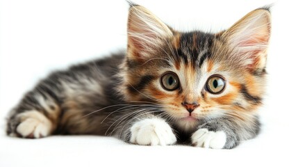 Fototapeta premium Tricolor kitten with striking green eyes resting on a white background, showcasing soft fur and adorable expression with perky ears.
