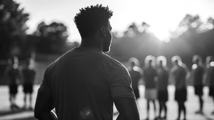Football coach leading an inspiring training session with athletes focused on teamwork, competition, and personal development in a sunlight backdrop.