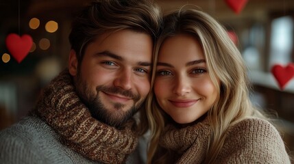 portrait of beautiful man and woman in love, happy couple on background of Valentine hearts