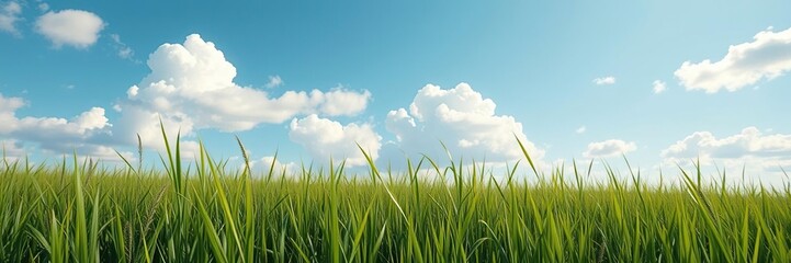Fototapeta premium A serene green field of tall grass swaying gently in the breeze under a vast blue sky with fluffy white clouds scattered across it, rural landscape, blue sky