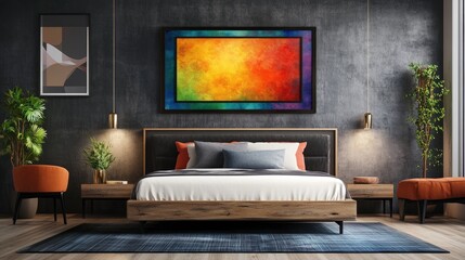 Contemporary bedroom with vibrant decor, featuring a wooden bed frame, colorful artwork, stylish wall design, and modern furnishings for home inspiration.