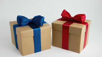 Obraz premium Elegant craft paper gift boxes featuring vibrant blue and red satin ribbons set against a clean white background, showcasing a charming festive appeal.