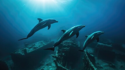 Fototapeta premium Dolphins gracefully swim among sunlit historic shipwrecks in a vibrant deep ocean, showcasing the beauty of marine life and underwater exploration.