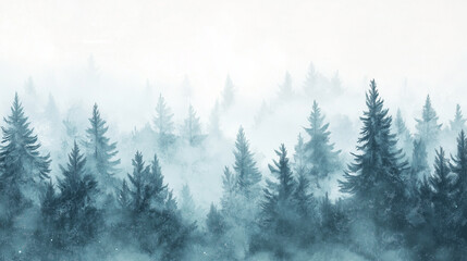 Fototapeta premium A dense forest of snow-capped fir trees with faint animal tracks in the snow, watercolor style