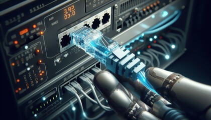 Connect ethernet cable to wireless router on server to transmit data. Connect to router. Network concept. Illustration set.