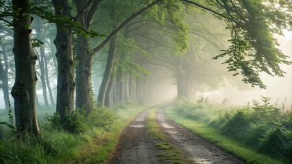 Obraz premium A misty forest path unfolding as morning dew evaporates, dew, greenery, morning