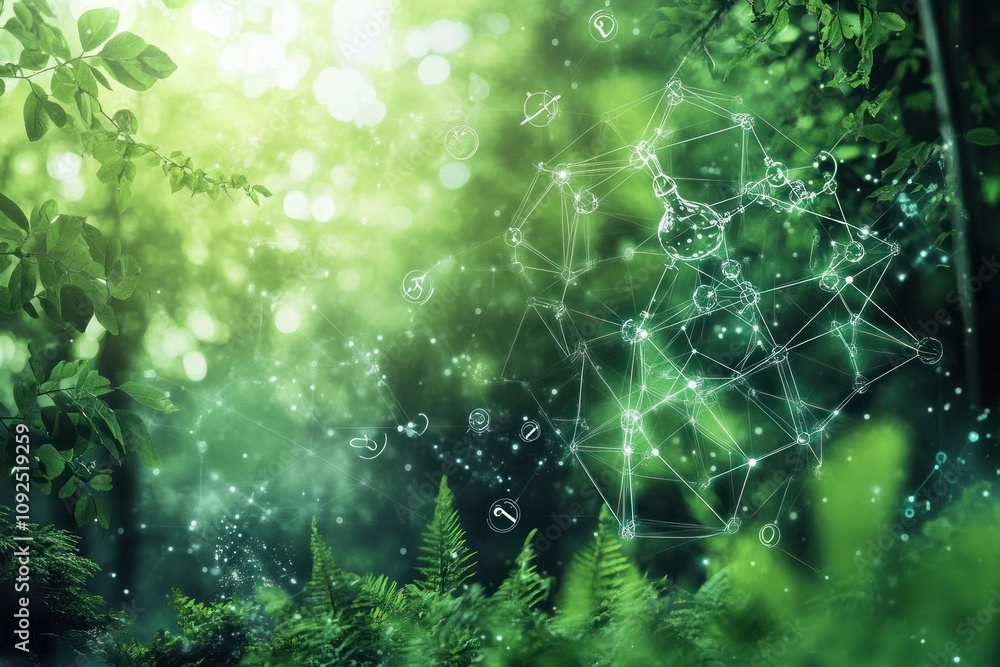 Poster here's a description and keywords for your image.. serene forest scene with glowing network, represe