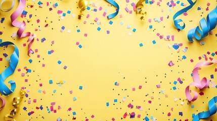 Festive confetti and colorful paper streamers create a vibrant frame on a sunny yellow background, ideal for a celebratory flat lay with space for text.