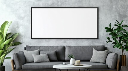 Horizontal blank frame for wall art mockup in a modern living room, featuring a sleek sofa, decorative cushions, and lush greenery accents in a stylish interior design.