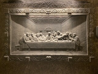Das letzte Abendmahl als Salz Kunstwerk in Salzbergwerk in Polen bei Krakau