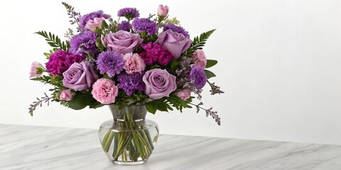 An elegant still life of a vase filled with a variety of purple flowers including roses and carnations, elegance, vase © Kingphet